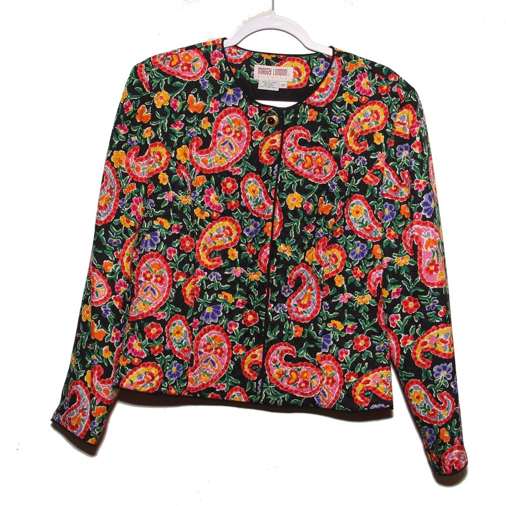 Vintage Maggy London Silk Quilted Floral Paisley Blazer Jacket Size 12